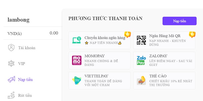 Các phương thức nạp tiền BET88 hiện đang được cung cấp